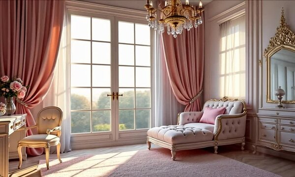 A romantic bridal suite with blush tones, a tufted chaise lounge, ornate mirrors, a vanity table, and soft drapery, luxurious and elegant