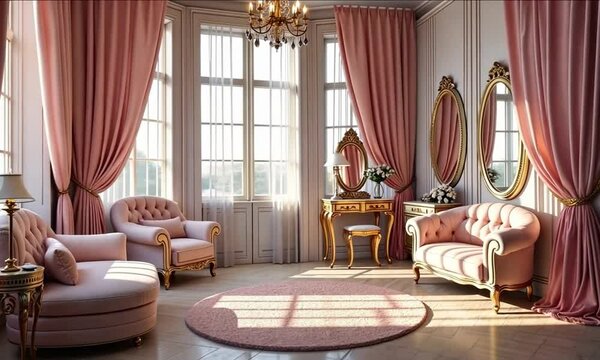A romantic bridal suite with blush tones, a tufted chaise lounge, ornate mirrors, a vanity table, and soft drapery, luxurious and elegant