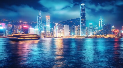 Fototapeta premium Hong Kong Skyline at Night. Vibrant Cityscape, Travel Destination.