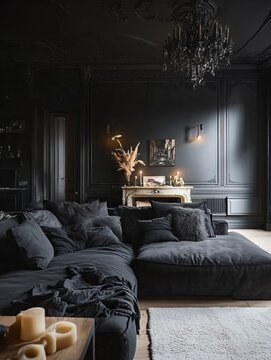 Dark Living Room Decor With Plush Sofa And Chandelier
