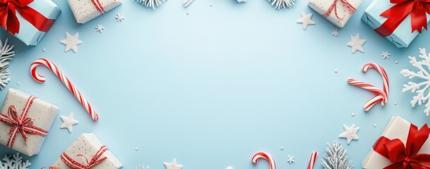Fototapeta premium Festive Holiday Gift Boxes Surrounded by Snowflakes and Candy Canes on a Light Blue Background for a Joyful Christmas Celebration