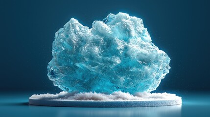 A large, translucent ice formation on a snowy base, illuminated against a blue background.