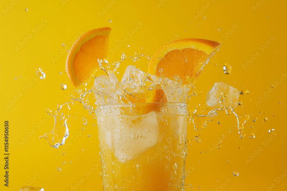 Poster glass of orange juice with ice cubes and orange slices floating in it. the image has a bright and ch