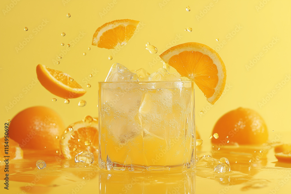 Poster glass of orange juice with ice cubes and orange slices floating in it. the image has a bright and ch