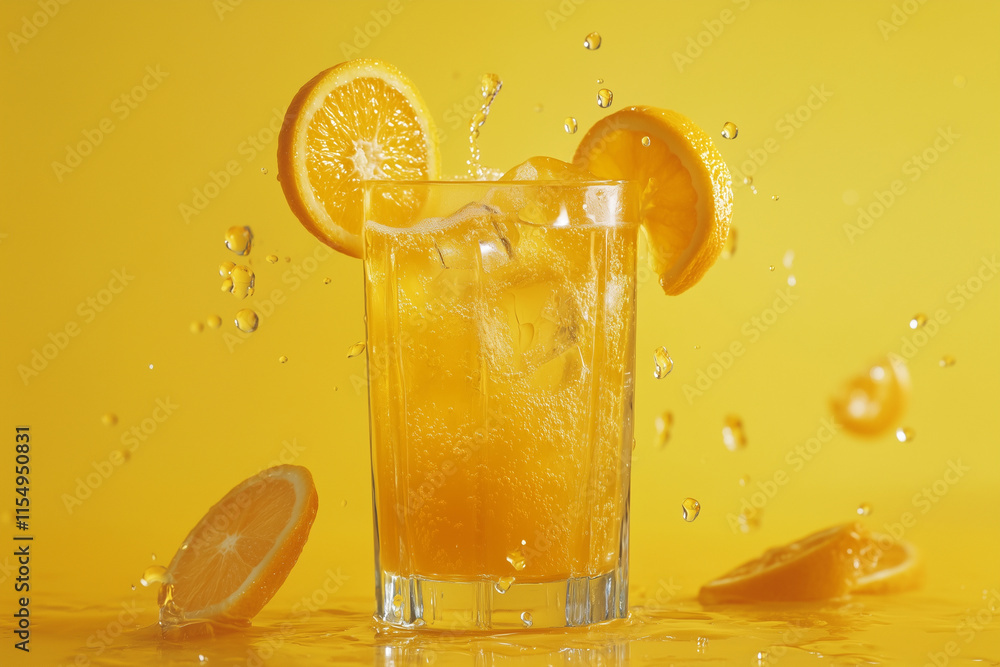 Poster glass of orange juice with ice cubes and orange slices floating in it. the image has a bright and ch