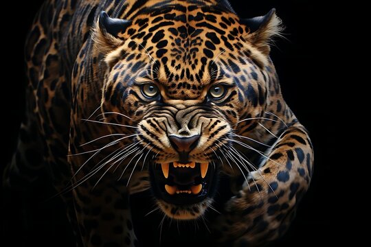 Close-up of a snarling leopard against a black background, showcasing its powerful build, intense eyes, and sharp teeth.