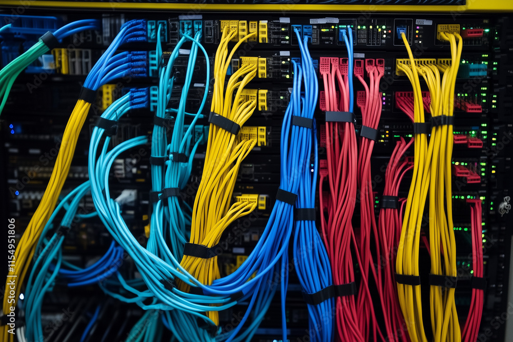 Poster bunch of colorful wires are hanging from the ceiling. the wires are of different colors and are tang