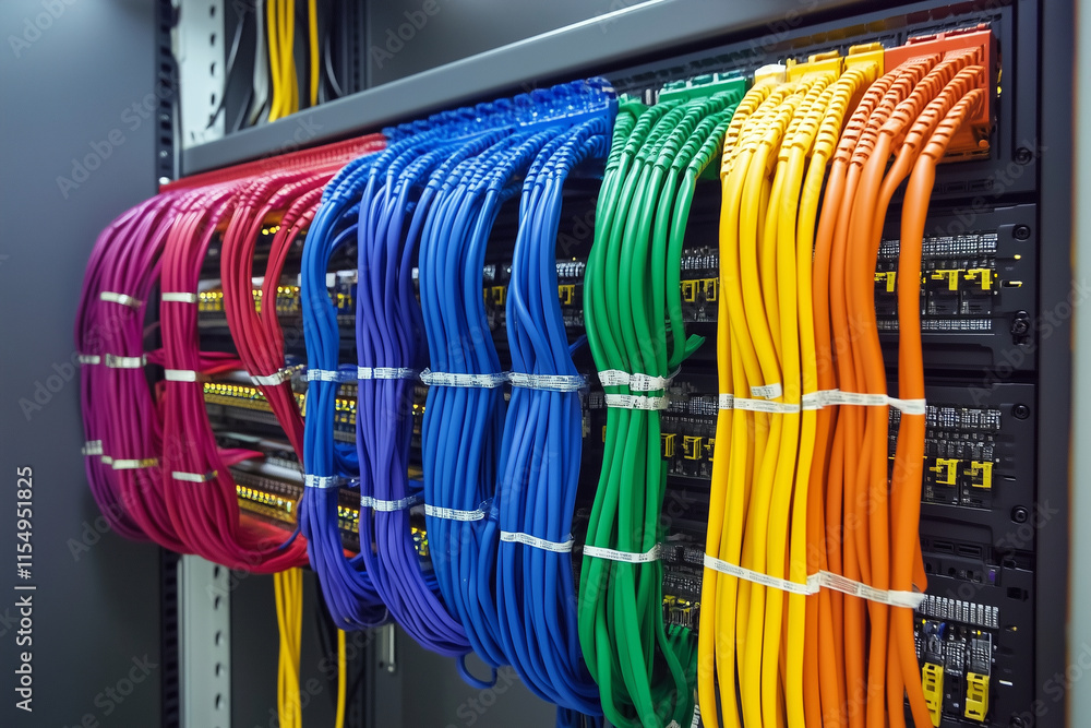 Poster colorful array of cables hangs on a wall. the cables are of different colors and are arranged in a r