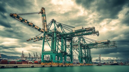 Obraz premium Industrial Port with Cranes and Shipping Containers Under Dramatic Cloudy Sky, Emphasizing Maritime Operations and Freight Movement in Urban Environment