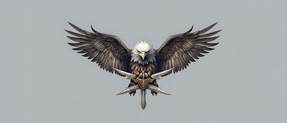 Majestic bald eagle with wings spread wide, clutching crossed swords.