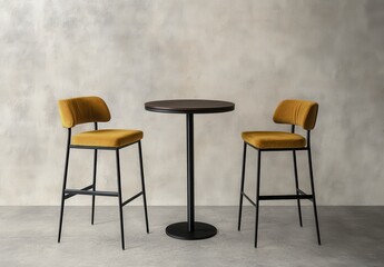 Modern Bar Table with Yellow Upholstered Stools in Minimalist Space