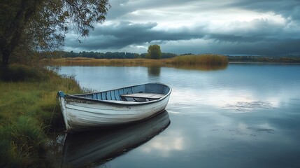 Obraz premium Tranquil Lakeside Scene with a Rowboat. Concept of peace, serenity, and nature.