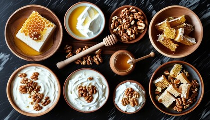 Greek Yogurt Dessert Platter with Honey, Nuts, and Honeycomb on a Marble Surface