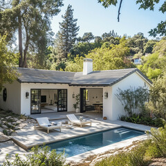 Single-Story House with Grey Shingle Roof, White Walls, Large Backyard, Small Pool, and Open Back Door, Hollywood Hills California Style