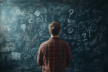 man stands in front of a chalkboard with a lot of equations and symbols. He looks confused and unsure of what to do