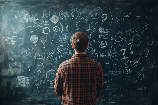 man stands in front of a chalkboard with a lot of equations and symbols. He looks confused and unsure of what to do