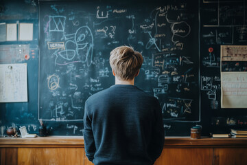 man is looking at a blackboard with a lot of equations on it. The man is confused or puzzled by the equations