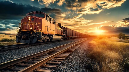 Fototapeta premium Freight Train at Sunset. Concept of Transportation, Logistics, and Cargo.