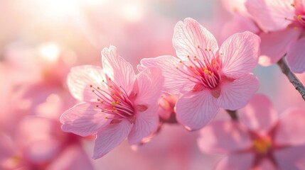 Fototapeta premium Delicate Pink Blossoms Illuminated By Sunrise