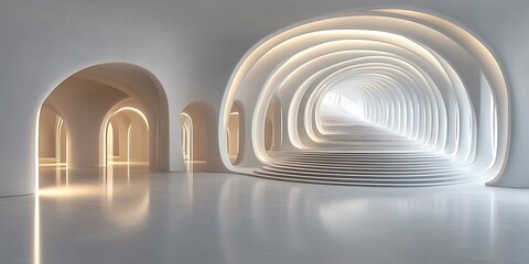 Obraz premium Modern white architecture interior with arches, glowing lights, and reflective floor.