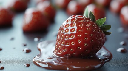 Chocolate-dipped strawberry on a smooth white background, emphasizing sweetness and indulgence
