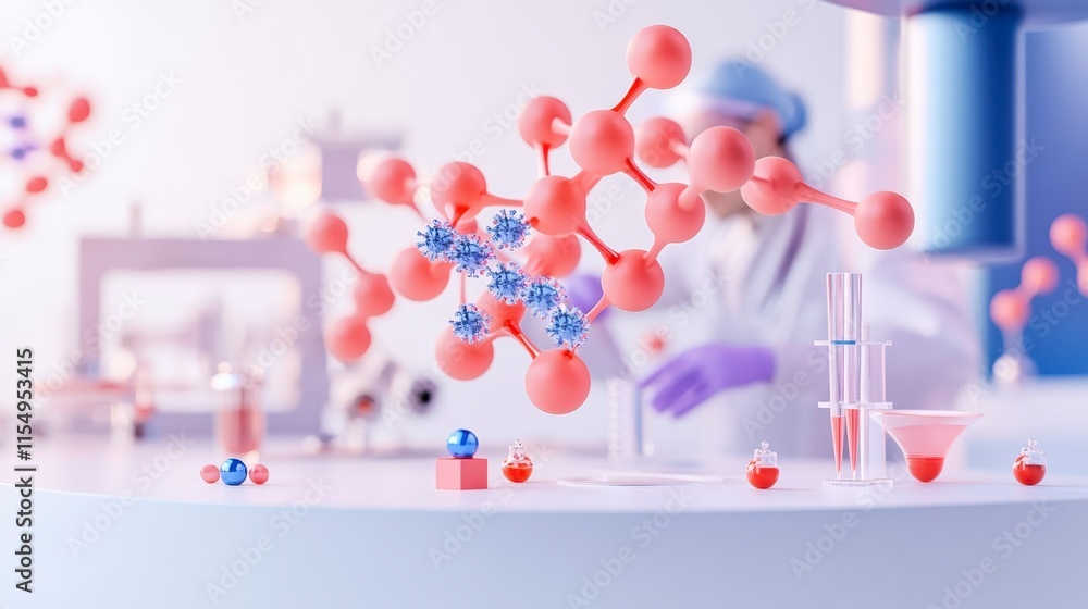 Poster a colorful laboratory scene featuring molecular structures, with a scientist in the background, emph