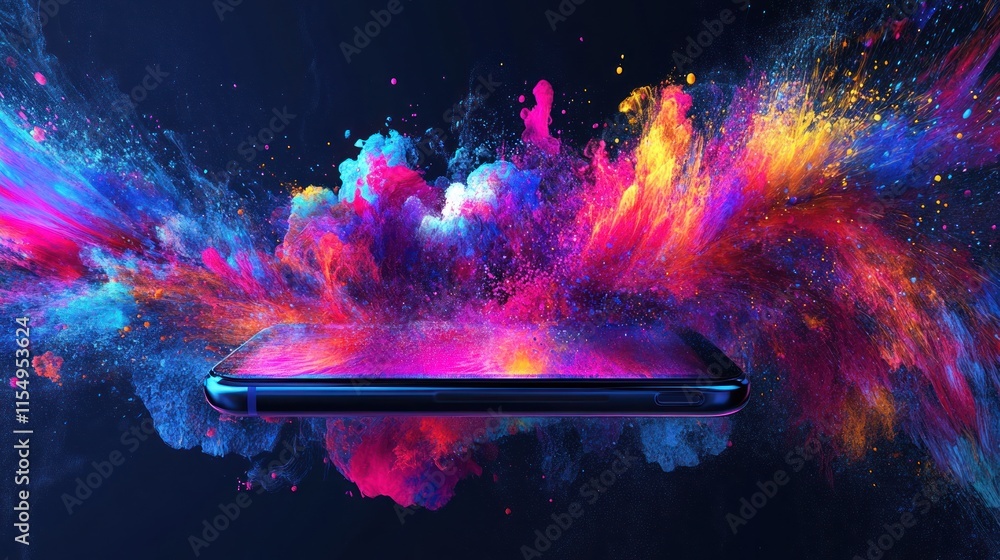 Poster vibrant and colorful explosion on smartphone, creating impression and creativity setting