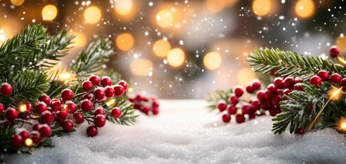 Festive Winter Scene with Snowy Background, Red Berries, and Evergreens Evoking the Spirit of Christmas and Holiday Cheer with Beautiful Bokeh Lights