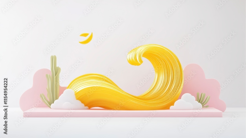 Poster a vibrant, abstract representation of a wave in yellow, complemented by clouds and cacti against a s