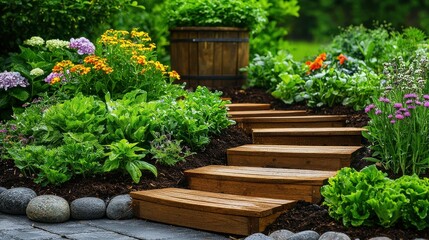 Fototapeta premium [Eco-friendly gardening Sustainable health permaculture] Tranquil Garden Stairway Escape Lush Greenery & Natural Ambiance.