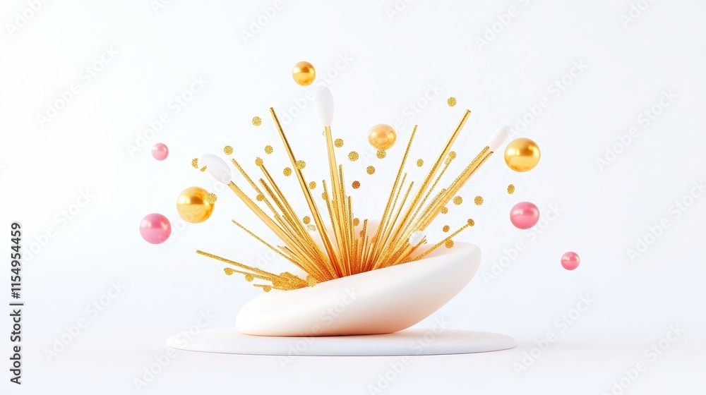 Poster a vibrant explosion of colorful spheres and golden spikes emerging from a smooth, white base, creati
