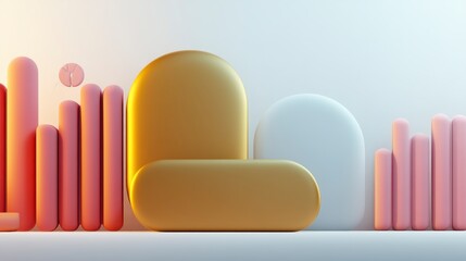 A modern, minimalist seating design with soft curves, featuring a yellow chair beside abstract pink and white shapes against a neutral backdrop.