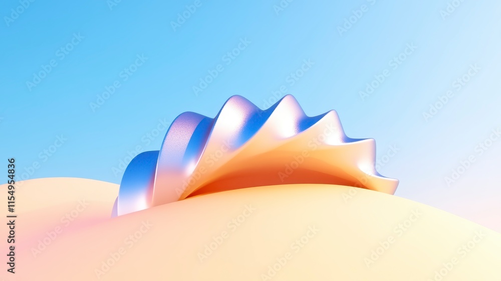 Poster a minimalist design featuring a stylized shell resting on a smooth, sandy surface with a soft blue s