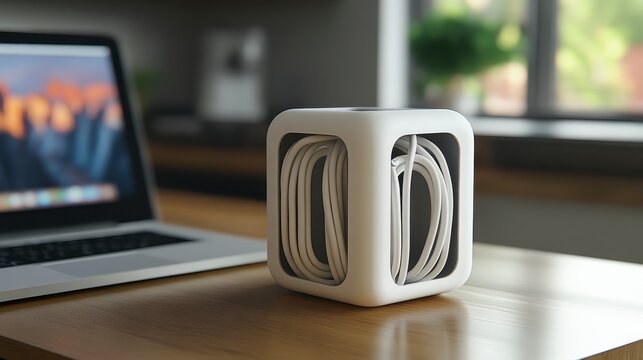 White cable organizer cube on wooden desk near laptop.