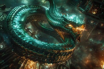 A colossal, jade-green serpent with glowing eyes, coiled amidst a futuristic, space-faring cityscape, stars blazing in the background.