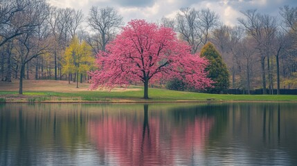 Pink Dogwood Tree Reflecting In Calm Lake Water