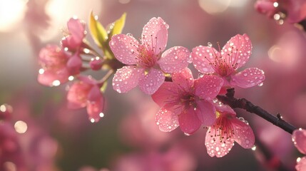 Obraz premium Delicate Pink Blossoms Glistening With Dew Drops