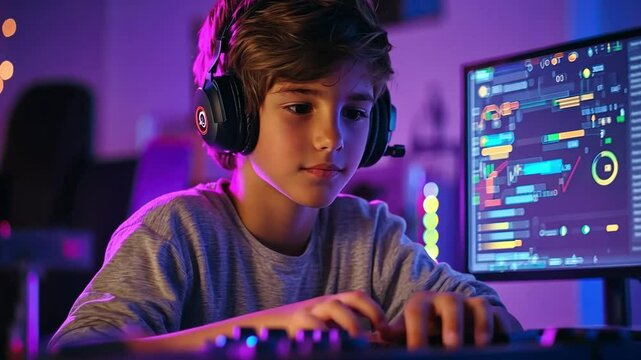 Young boy learning game modding techniques in a collaborative online community