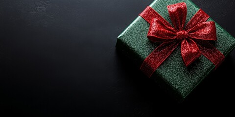 Gift wrapped in shiny green paper with a bright red bow placed on a dark surface ready for the holidays