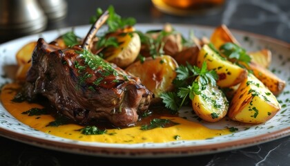 Fototapeta premium Herb-Crusted Lamb Dinner with Roasted Potatoes and Vibrant Sauce on Elegant Plate