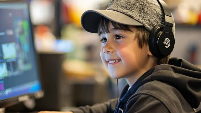 Young boy learning game modding techniques in a collaborative online community
