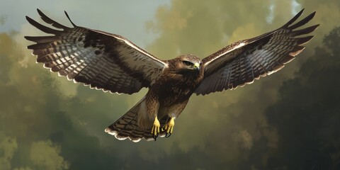 Fototapeta premium Common buzzard, known for its graceful flight and distinctive features, is a captivating bird of prey. Observe the beauty of the common buzzard as it soars through the sky.