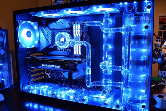 Customized Futuristic PC Gaming Setup with Illuminated Water Cooling System and Neon Blue Lights - Powered by Adobe