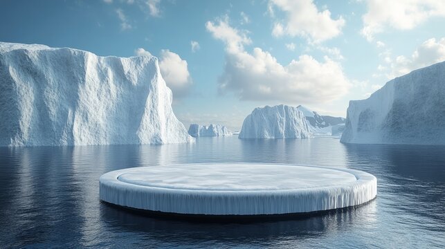 Podium with frosty edges floating near towering icebergs in the polar sea