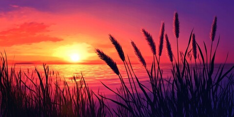 Cat tails silhouetted against a stunning sunset backdrop, creating a picturesque scene where cat tails dance softly in the evening light, enhancing the beauty of nature.