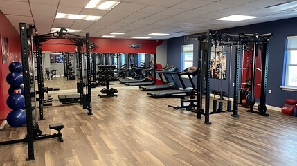 Obraz premium Modern and Well Equipped Gym Interior with Fitness Equipment and Cardio Machines