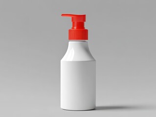 White pump bottle with red cap on gray background.