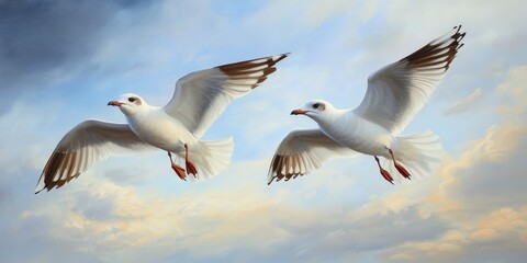 Fototapeta premium Soaring Brown headed gulls gracefully navigate the skies, showcasing their remarkable agility and beauty. These Brown headed gulls are a captivating sight in their natural habitat.