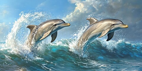 Dolphins playfully engaging in the ocean highlight the vibrant dolphin life, showcasing the joy and excitement of dolphin life in their natural habitat.