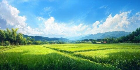 Vibrant green plants in paddy fields contrast beautifully with the blue open sky, creating a stunning scenery that reflects the essence of summer. This landscape showcases nature s coolness and charm.